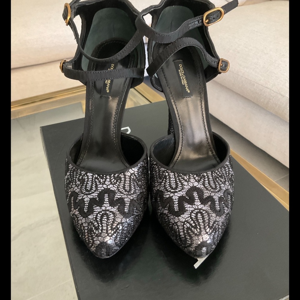 Dolce & Gabbana Decollete Glitter Pizzo Argento black lace platform pump, 39 - Picture 2 of 8